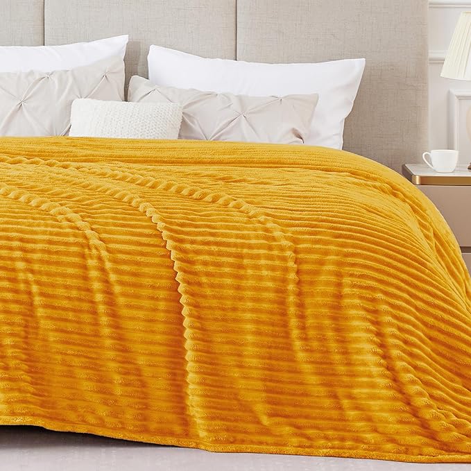 BEDELITE Fleece Blanket King Size – 3D Ribbed Jacquard Soft and Warm Decorative Fuzzy Blankets – Cozy, Fluffy, Plush Lightweight Throw Blankets for Couch, Bed, Sofa(Mustard Yellow, 108x90 inches)