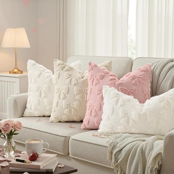 decorUhome Beige Bow Pillow Covers Set of 2 Coquette Aesthetic Cute Preppy Plush Faux Pillowcases for Girly Bedroom or Couch 16x16 Inch