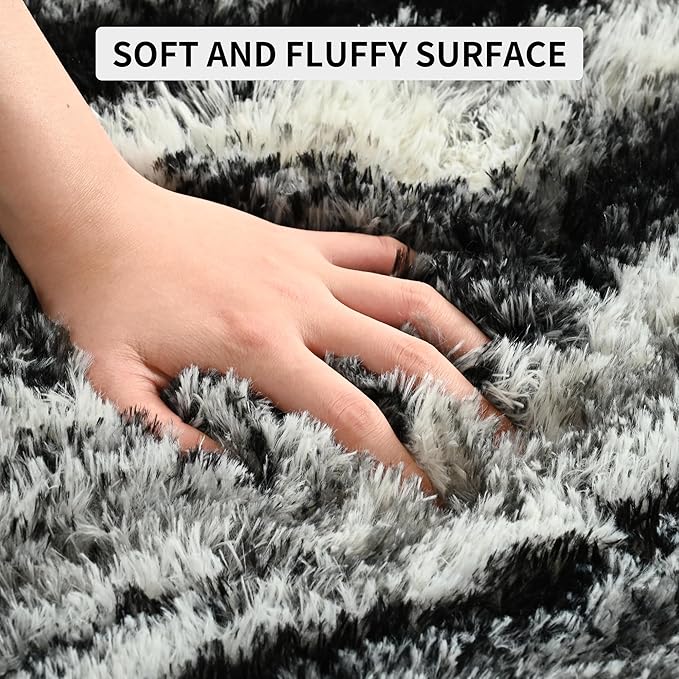 Tepook Soft Fluffy Rugs for Living Room, 5x8 Shaggy Area Rug for Bedroom, Modern Shag Rug Fuzzy Carpets for Kids, Plush Indoor Nursery Home Decor Rug with Non-Slip Bottom, Black White