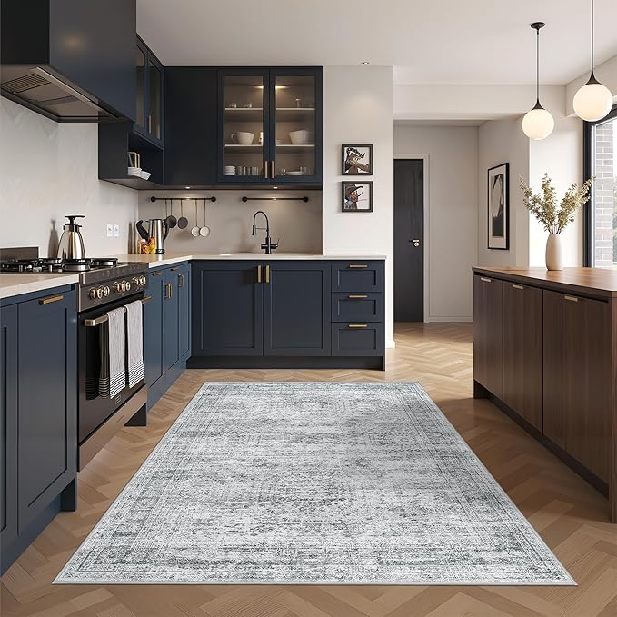 Area Rugs 4x6 for Living Room, Non-Slip Backing Small Kids Rugs for Bedroom, Vintage Abstract Rug Home Decor, Low Pile Soft Washable Rug for Kitchen, Dining Room (4'x6', Grey/Ivory)
