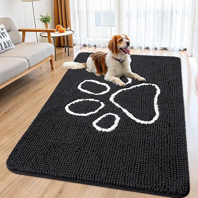 Smiry Dog Door Mat for Muddy Paws, Absorbent Dirt Trapper Non Slip Quick Dry Washable Chenille Mat for Mud Dogs, Entry Rug for Indoor and Outdoor (59x35 Inches, Black and White)