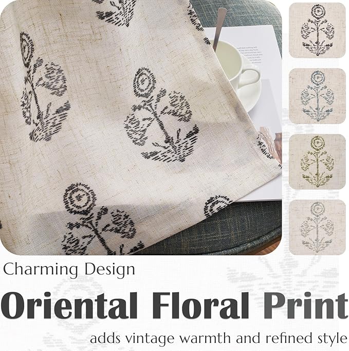 jinchan Linen Floral Curtains for Living Room 84 Inch Length Black Flower Cottage Core Farmhouse Curtains Rod Pocket Back Tab Boho Semi Sheer Window Drapes Bedroom Set 2 Panels Black on Beige