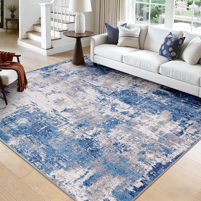 Washable Area Rugs Square 9ft Non-Slip Modern Abstract Soft for Living Room Entryway Bedroom Nursery, Print Pattern, Blue Grey Navy Gray