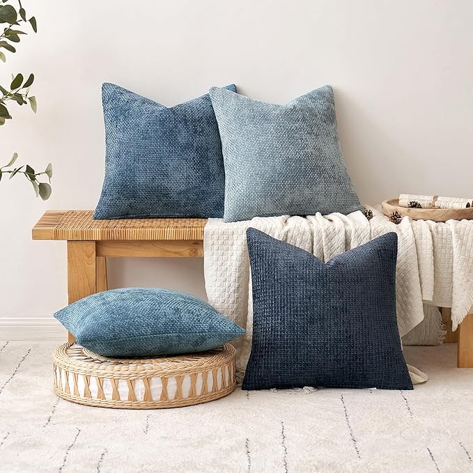MIULEE Pack of 2 Couch Throw Pillow Covers 16x16 Inch Coastal Smoke Blue Modern Boho Accent Decorative Pillow Covers Soft Chenille Farmhouse Cushion Covers for Home Decor Bed Sofa Living Room
