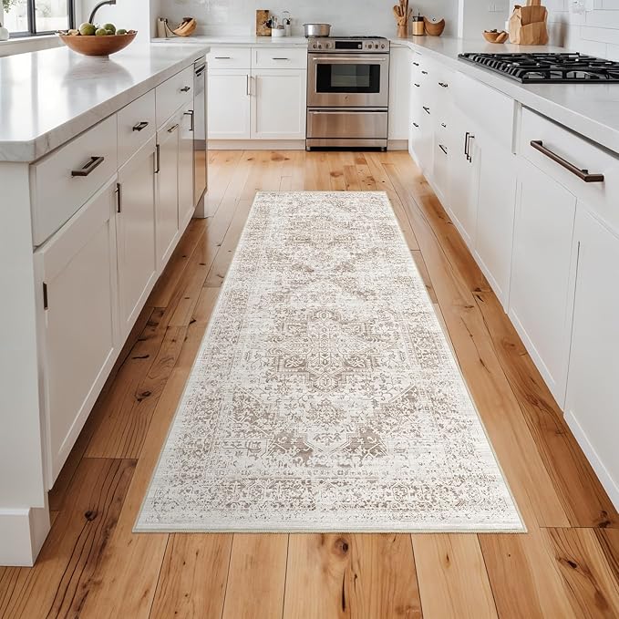 Hallway 2x5 Runner Rug - Vintage Non-Slip Long Rug for Entryway Low-Pile Washable Medallion Rugs for Hallway Waterproof Traditional Indoor Thin Rugs for Kitchen (Ivory/Beige)