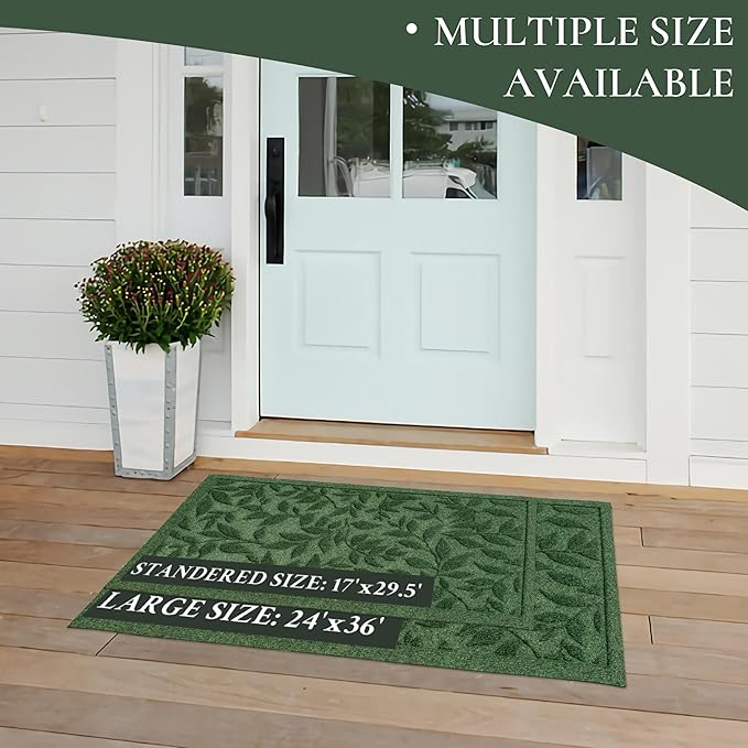 Green Leaves Outdoor Indoor Entrance Door mat, Absorbent Durable Heavy Duty Welcome Front Door Mat,Thick Natural Rubber Back,Easy Clean Entryway Mat 17x30 Inch, Low Profile