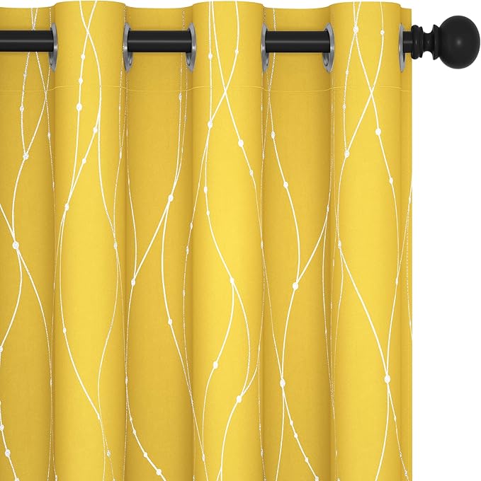 Deconovo Blackout Curtains 108 Inches Long, Yellow Drapes with Wave Dots Foil Print, Thermal Insulated Soundoroof Curtain for Living Room Bedroom, 52 x 108 Inch, Machine Washable Panels, Set of 2