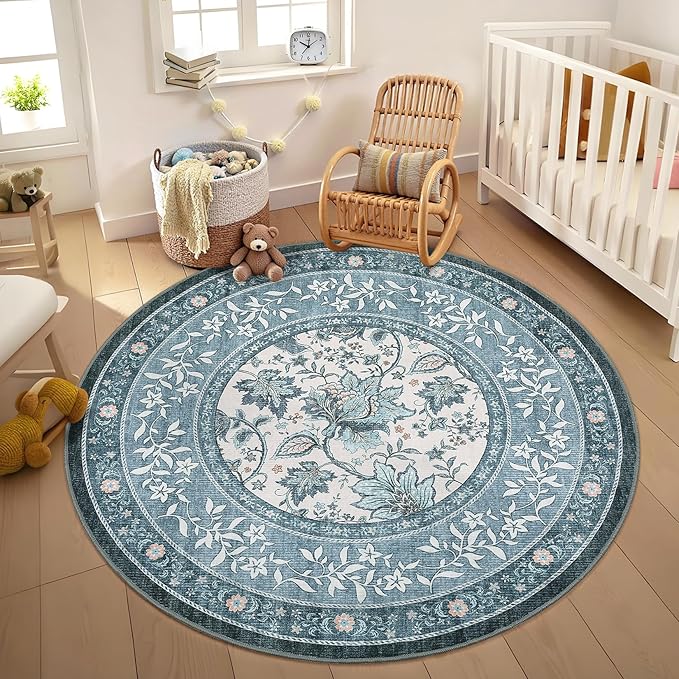 GarveeHome Misty Blue Botanical Grove 5ft Round Rug, Small Circle Vintage Cottagecore Soft Low-Pile Non-Slip Washable Rugs for Living Room Bedroom Nursery Kitchen Retro Carpet