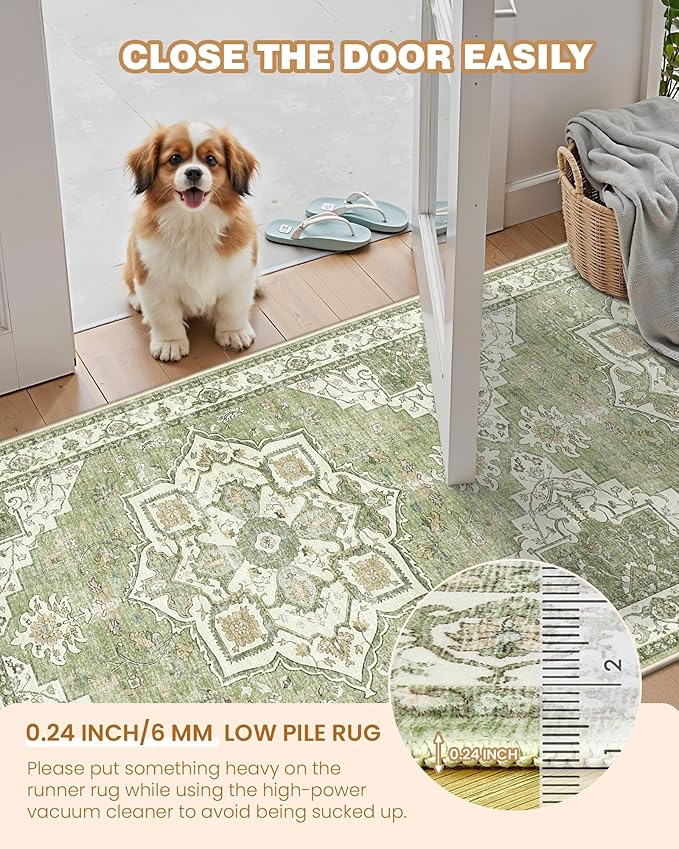Runner Rug 2x6, Non Slip Washable Rugs for Laundry Room, Runners for Hallways, Low Pile Vintage Soft Rugs for Living Room, Kitchen Bathroom,Bedroom Rug(Light Green,2'x6')