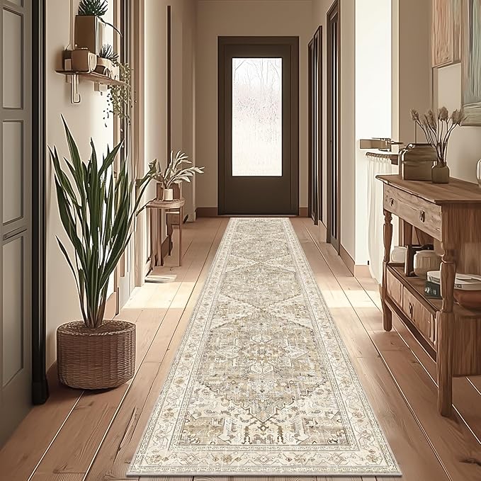 Yamaziot Washable Runner Rug, 2x12 Non-Slip Boho Vintage Hallway Rug Runner with Rubber Backing, Stain Resistant Low Pile Distressed Carpet Runner for Bedroom, Kitchen, Laundry, Entrance