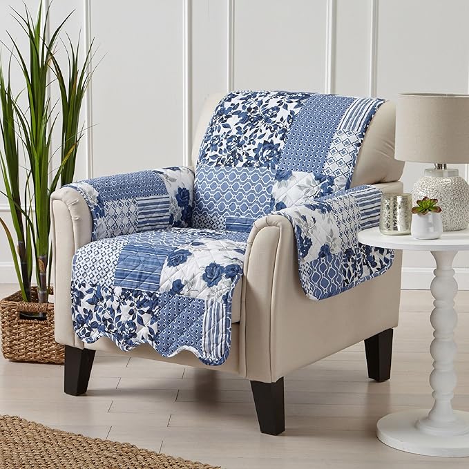 Great Bay Home Reversible Patchwork Chair Cover - Washable Slipcover Furniture Protector with Elastic Straps - Perfect for Kids & Pets - Box-Stitched Detail (Navy)