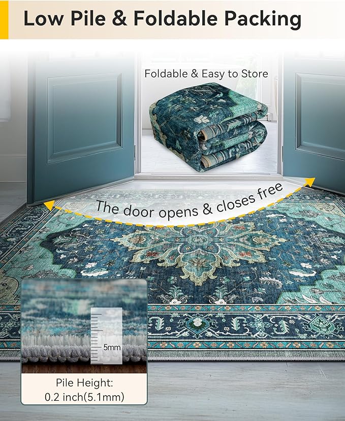 RELEANY Area Rugs 6'x8' Washable Non-Slip, Floral Vintage Distress Print Pattern Medallion Carpet for Living Room Bedroom Dining Room, Teal Green Lake Blue Turquoise
