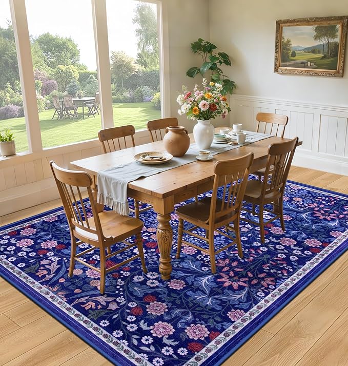 Area Rug Living Room Rugs: Floral 5x7 Washable Rug Vintage Soft Boho Non-Slip Carpet Indoor Floor Stain Resistant Large Carpets for Bedroom Dining Room Farmhouse Nursery Hallway Home Office Blue