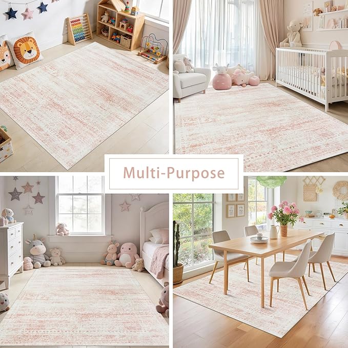 Washable Rugs 5x7 Area Rugs for Living Room,Bedroom,Dining Room- Ultra Soft Faux Wool Nursery Rug for Baby Girl,Neutral Light Pink Low Pile Vintage Carpets for Dorm Kids Playroom,Non Slip