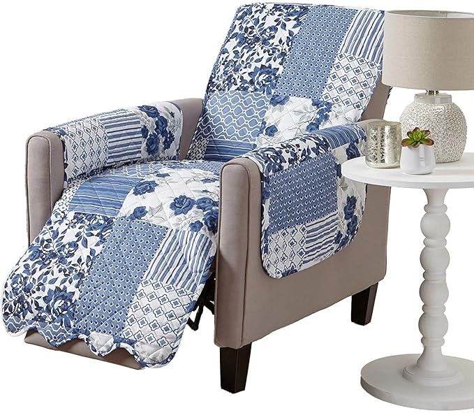 Great Bay Home Reversible Patchwork Recliner Cover - Washable Slipcover Furniture Protector with Elastic Straps - Perfect for Kids & Pets - Box-Stitched Detail (Navy)