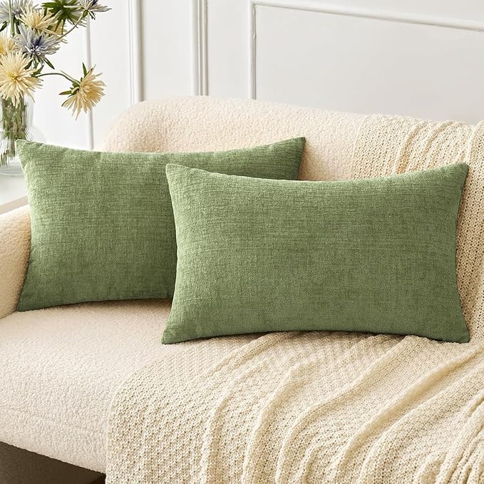 MIULEE Pack of 2 Couch Throw Pillow Covers 12x24 Inch Spring Soft Sage Green Chenille Lumbar Pillow Covers for Sofa Living Room Solid Dyed Cases