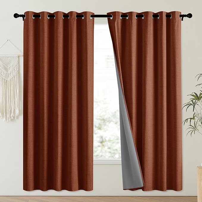 NICETOWN 100% Absolutely Blackout Linen Curtains with Thermal Insulated Liner, 62" Wide, 2 Panels, 63" Long Drapes, Grommet Retro Burnt Orange Linen Curtains Vertical Drapes Privacy for Kitchen