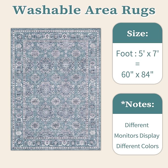 SERISSA Boho Area Rug 5x7 Blue Grey, Washable Large Rugs for Living Room, Ultra Soft Non-Slip Bedroom Rug Print Distressed Vintage Floral Carpet Rug for Dining Room Dorm Office Home Decor
