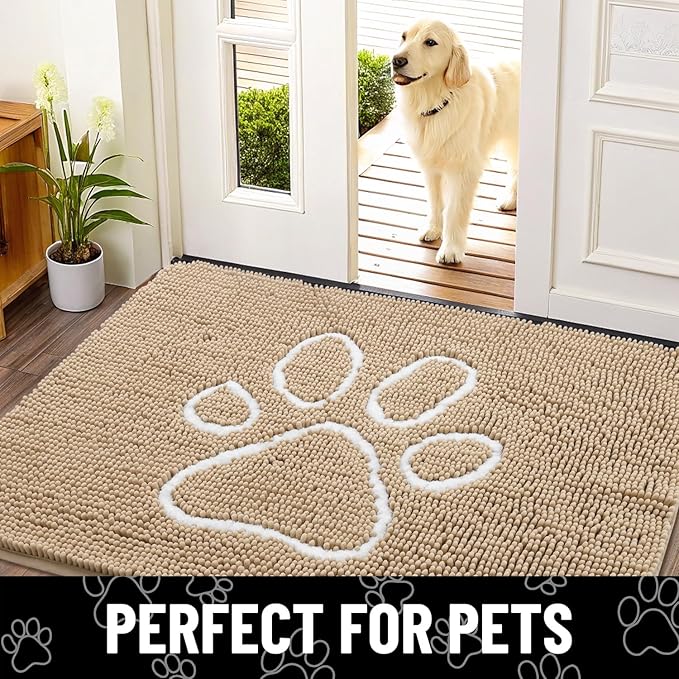 Smiry Dog Door Mat for Muddy Paws, Absorbent Dirt Trapper Non Slip Quick Dry Washable Chenille Mat for Mud Dogs, Entry Rug for Indoor and Outdoor (70x24 Inches, Beige and White)