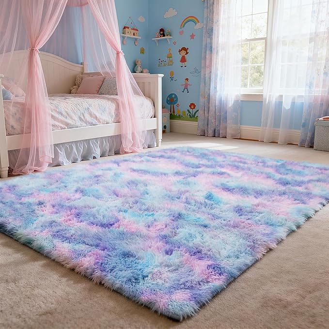 Shag Area Rug for Bedroom 5x8,Fluffy Area Rugs for Living Room,Soft Fuzzy Rug Non-Shedding Indoor Plush Carpet for Kids Bedroom Nursery Dorm Home Decor,Rainbow Purple