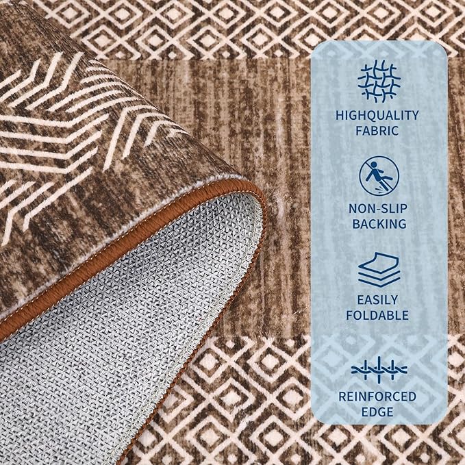 GarveeHome 2.5x8 Modern Bordered Runner Rug Soft Non Slip Washable Floor Carpet Distressed Geometric Hallway Indoor Printed Rug for Kitchen Entrance, Dark Brown