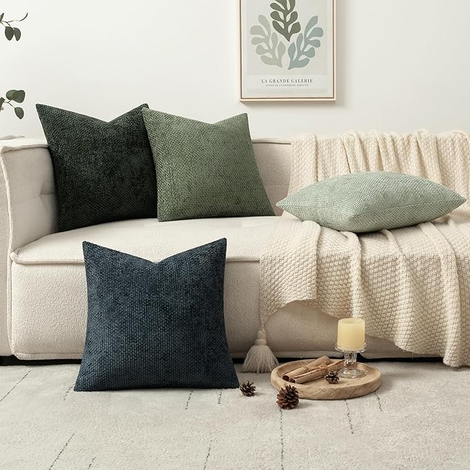 MIULEE Pack of 4 Couch Throw Pillow Covers 18x18 Inch Neutral Green Soft Decorative Chenille Pillow Covers Farmhouse Accent Cushion Covers for Boho Spring Home Decor Sofa Bedroom Living Room