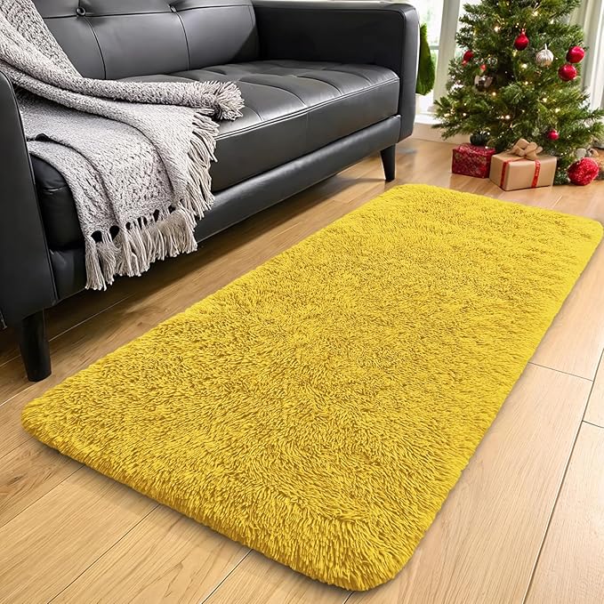 OLANLY 2x5 Machine Washable Runner Rugs for Hallway, Soft Fluffy Shaggy Bedside Rugs for Bedroom, Living Room, Indoor Floor Carpet for Kids Girls and Boys, Nursery Rooms, Home Decor Aesthetic, Yellow
