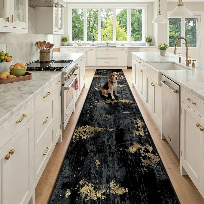 Washable Area Rugs 2'6'' x14 Non-Slip Modern Abstract Soft for Living Room Entryway Bedroom Nursery, Print Pattern, Dark Black Gold