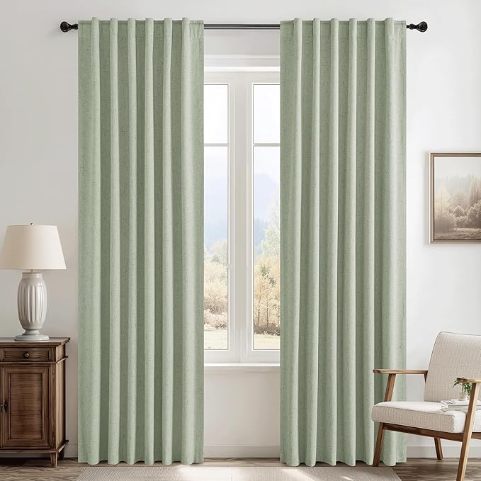 RYB HOME 100% Blackout Sage Green Linen Curtains, Extra Long Light & Heat Blocking Thermal Privacy Protection Neutral Window Drapes for Living Room Bedroom, 52" W x 108" L, 2 Panels Set