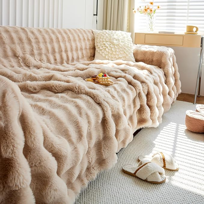 HANDONTIME Plush Sofa Slipcovers Washable Couch Cover for Sofa Super Soft Faux Fur Sofa Covers for 3 Couch Cousion Soild Khaki Rabbit Plush Couch Cushion Covers for Kids Pets,71" X134"
