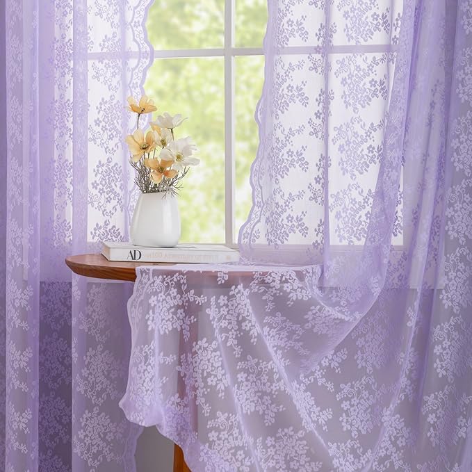 YJ YANJUN Vintage Lace Curtains 63 Inch Length-Victorian Floral Pattern Lavender Sheer Curtain Panels for Living Room Bedroom,Light Filtering, Romantic Girly Drapes 2 Panels 52W x 63L Light Purpel
