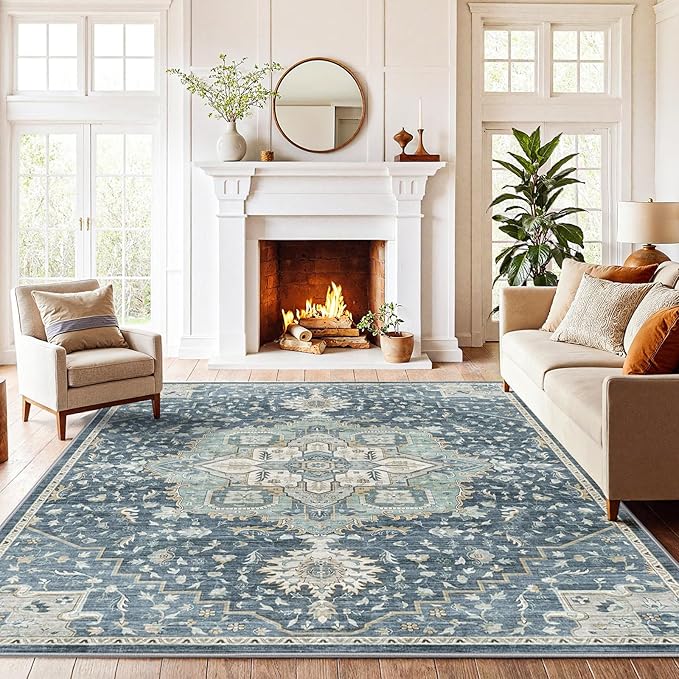 AMADA HOMEFURNISHING 5x7 Area Rugs, Washable Living Room Rug Low-Profile with Non-Slip Backing & Durable Edge Binding, Vintage 5x7 Rugs for Living Room, Bedroom, Dining Room