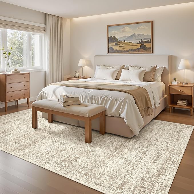 4x6 Area Rugs for Living Room, Vintage Washable Rugs for Dining Room, Bedroom, Home Office Decor, Non-Slip Beige Carpet Thin Rug
