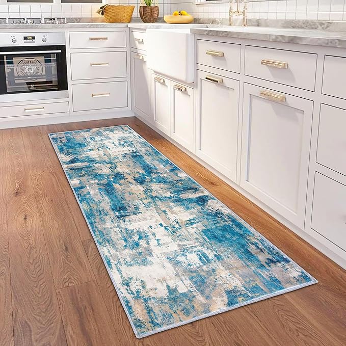KOZYFLY Modern Abstract Runner Rug 2x6 Turquoise/Beige/Grey/Yellow Runners for Hallways Kitchen Rug Non Slip Washable Carpet Rug Runner Laundry Mat with Soft Low Pile for Entryway Bathroom Bedroom