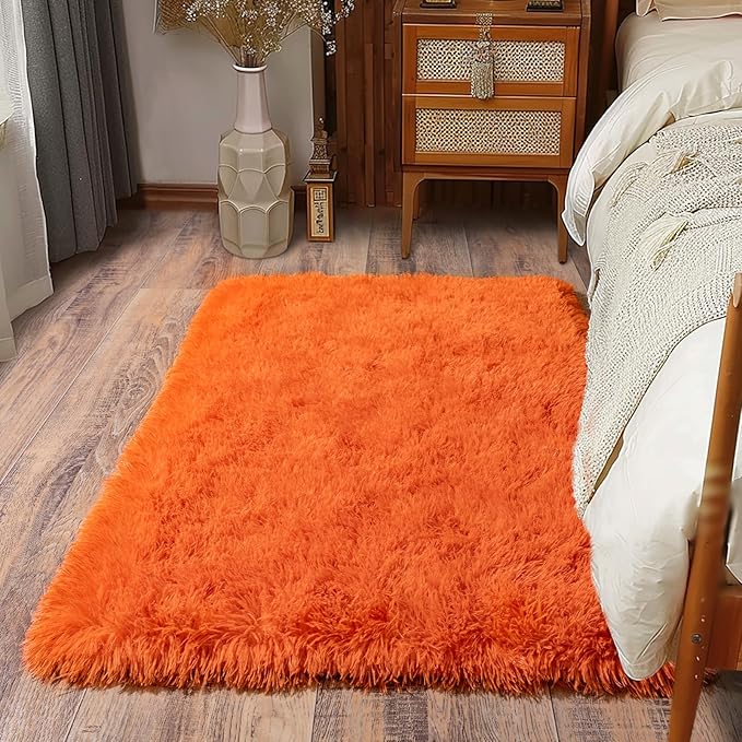 Soft Runner Rugs for Bedroom Hallways, 2x3 Orange Fluffy Shag Throw Area Rug Non Slip for Bedside Dorm, Long Shaggy Furry Carpet for Nursery Living Room