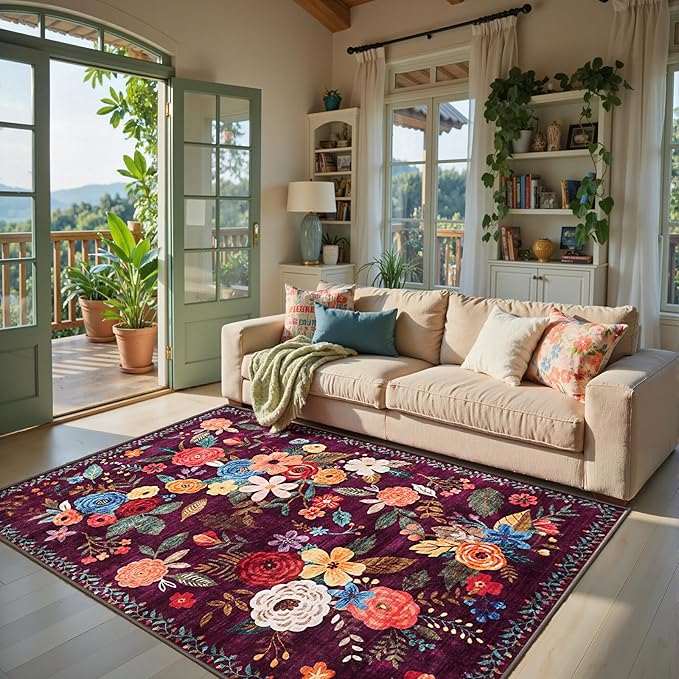 Area Rug 4x6 Rug Washable Boho Rugs Non Slip Low Pile Floral Small Carpet for Bedroom, Bedside, Kids Room, Office, Dining Room(4 x 6, Purple Lawn)