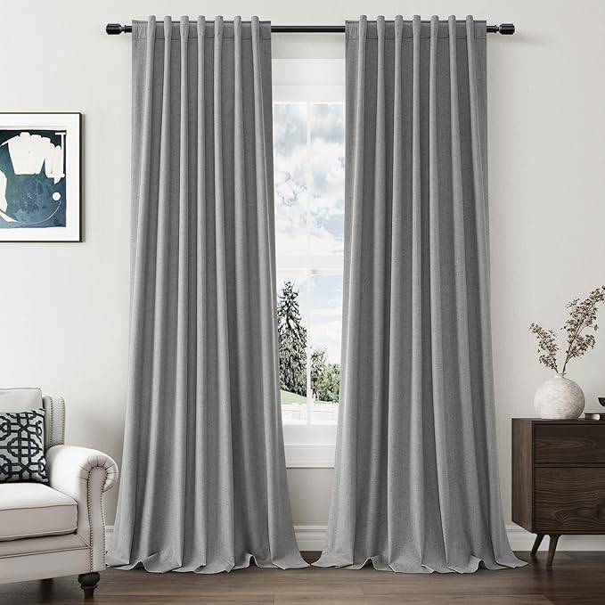 Guken Dark Grey 100% Blackout Linen Curtains 96 Inch Length 2 Panels Set for Living Room Bedroom Back Tab Rod Pocket Thermal Insulated Black Out Drapes Room Darkening Farmhouse Window Curtains,52x96