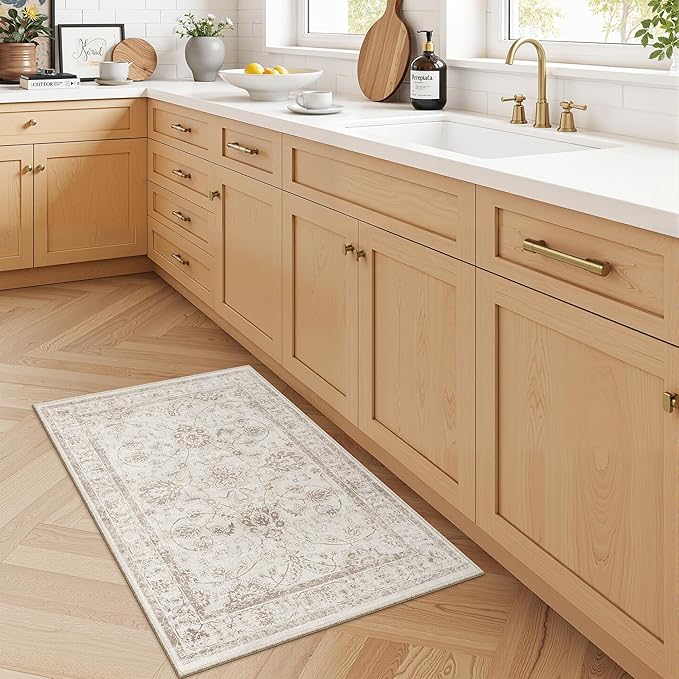 Madane 2x3 Washable Rugs for Entryway, Low Pile Non-Slip Small Area Rug Kitchen Door Mat, Vintage Soft Throw Neutral Rug Floor Mat for Indoor Front Entrance Bathroom Hallway (2 x 3, Brown/Ivory)