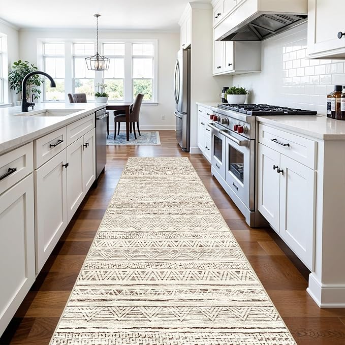 3x10 Washable Hallway Runner Rug - Moroccan Non-Slip Long Runners for Entryway Soft Modern Geometric Low-Pile Rugs for Kitchen Waterproof Neutral Carpet for Bedrooom Bathroom Laundry 3x10 Beige