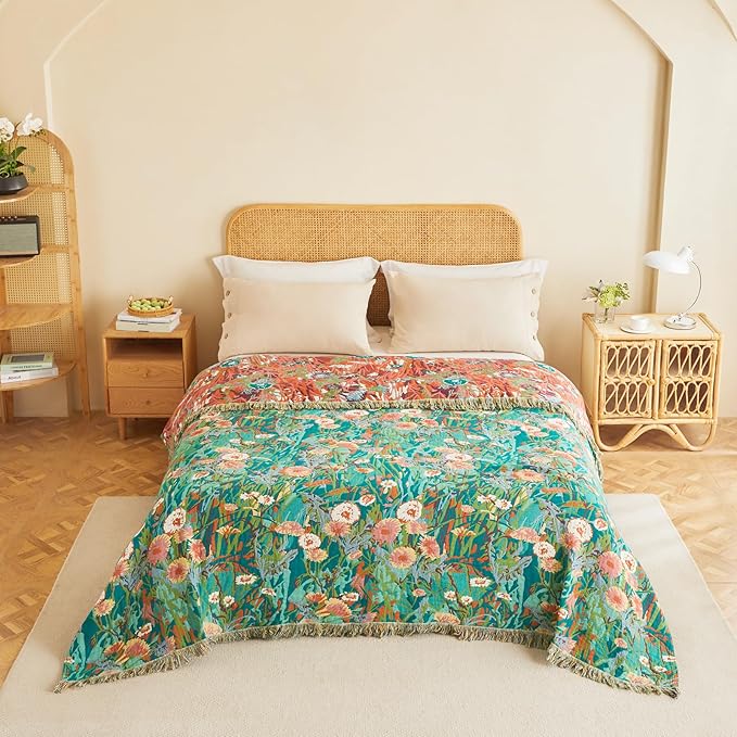 MSGKV Boho Throw Blanket 50"x60" Floral Blankets for Couch 100% Cotton Chair Sofa Throws Lightweight Farmhouse Muslin Spring Breathable Bed Blankets Home Decor All Seasons