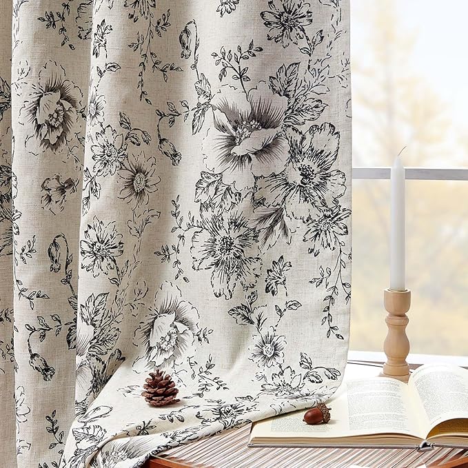 jinchan Blackout Floral Curtains for Living Room Bedroom Linen Blend Curtain Farmhouse Black Printed with Lined Back Tab Rod Pocket Drapes Window Treatments 2 Panels 102 Inch