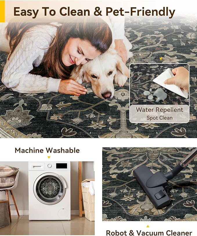 Area Rugs Round 8ft Washable Non-Slip, Floral Vintage Distress Print Pattern Medallion Carpet for Living Room Bedroom Dining Room, Vintage Black Brown Neutral