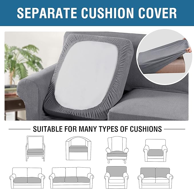 H.VERSAILTEX 4 Piece Stretch Sofa Covers for 3 Cushion Couch Covers for Living Room Furniture Slipcovers (Base Cover Plus 3 Seat Cushion Covers) Upgraded Thicker Jacquard Fabric (Sofa, Dove)