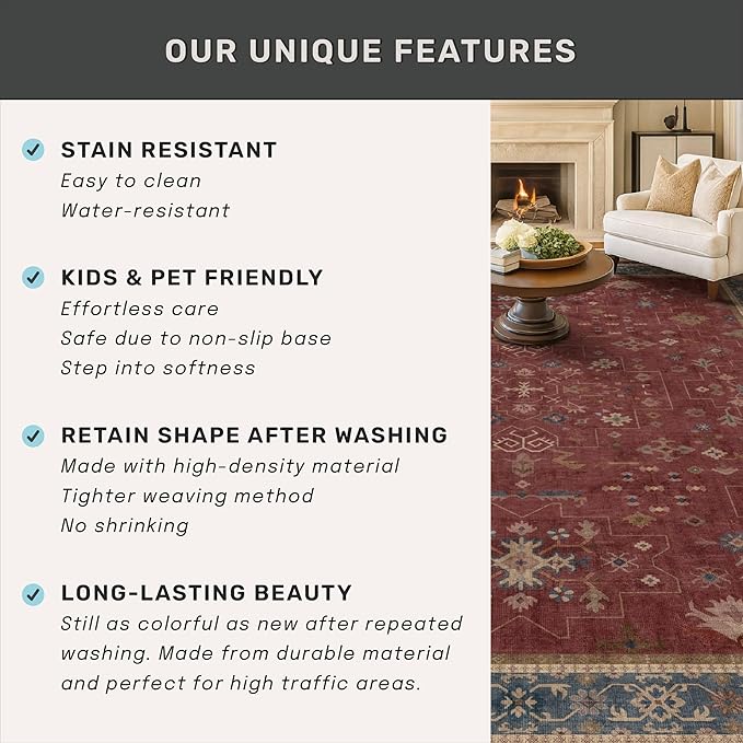 Hazo Haus Burgundy 2x4 Washable Entry Rug for Inside House, Kitchen Floor, Thin Door Mats for Inside Entry, Washable Non Slip Low Pile Stain & Fade Resistant, Modern Eclectic Floral Decor