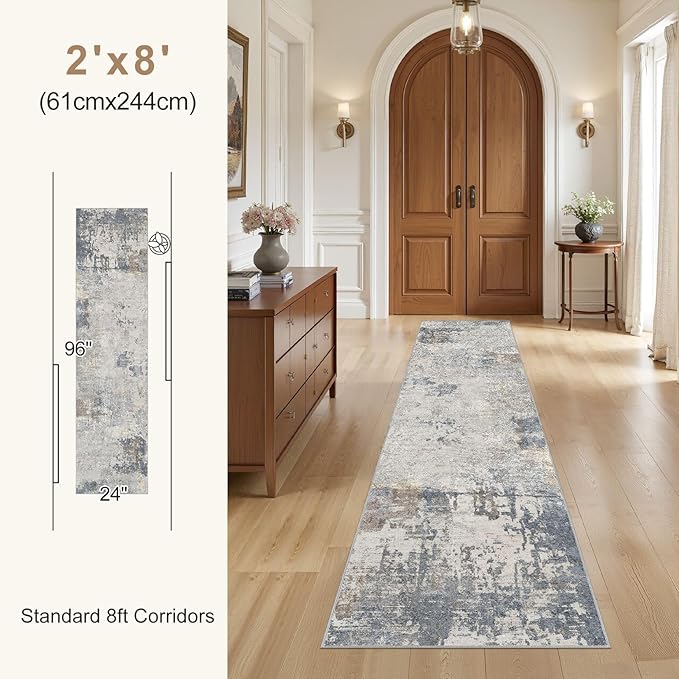 2X8 Washable Runner Rug for Hallway: Soft Neutral Modern Abstract Area Rug - Non-Slip Low Pile Long Throw Indoor Carpet for Kitchen Entryway Kitchen Bedroom Laundry - Blue Grey