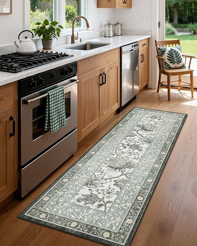 GarveeHome Sage Green 2.5 x 8 Washable Kitchen Runner Rugs Non Slip Provence Vintage Boho Cottage Long Rug for Hallways Bedroom Entryway Bathroom Mat with Rubber Back