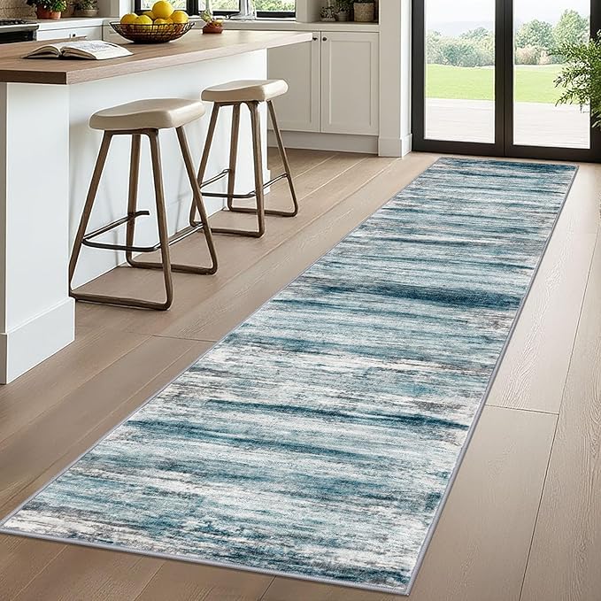 KOZYFLY Modern Abstract Hallway Runner Rug, 2.6x10 Washable Rug Runner Non-Slip Soft Striped Kitchen Runner Rugs, Print Blue Carpet Runner for Entryway Bathroom Laundry Room Foyer
