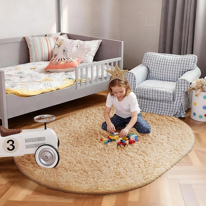 Ophanie 3x5 Oval Rug, Bedside Preppy Dorm Area Rug, College Essentials Non Slip Beige Small Carpets for Bedroom, Anti Slip Fluffy Living Room Rugs Home Decor Aesthetic, Nursery