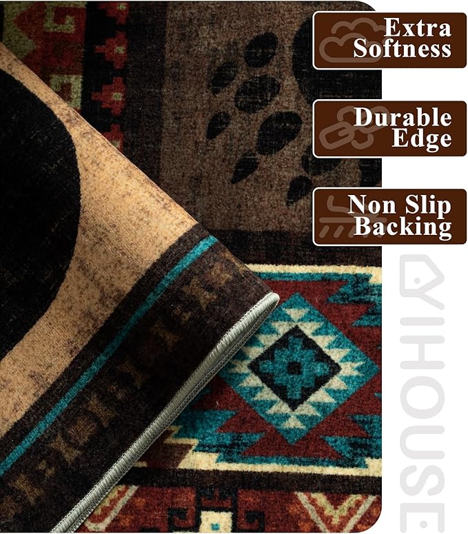 YIHOUSE Rustic Cabin Area Rug 8x10,Machine Washable Lodge Bear Rug,Non-Slip Low Pile Print Pattern Southwestern Rug for Living Room Bedroom