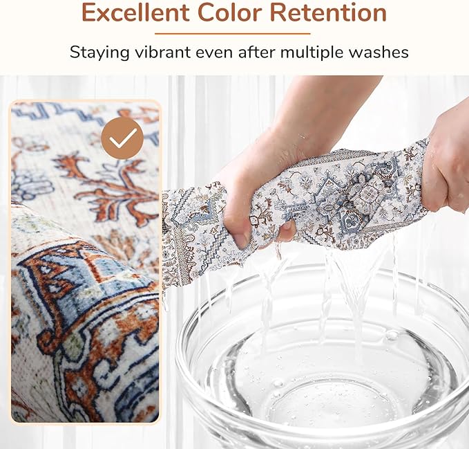 OPPODREAM Soft 10x14 Area Rugs, Neutral Washable Rugs 10x14 with Non Slip Backing, Low-Pile Faux Cashmere 10 x 14 Carpet, Cream White & Blue & Light Brown